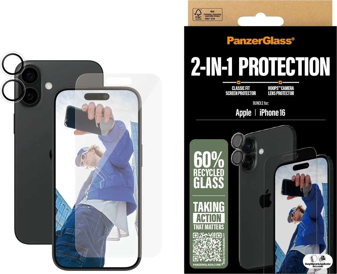 Mbrojtës ekrani PanzerGlass për iPhone 16, transparent, set 2-në-1
