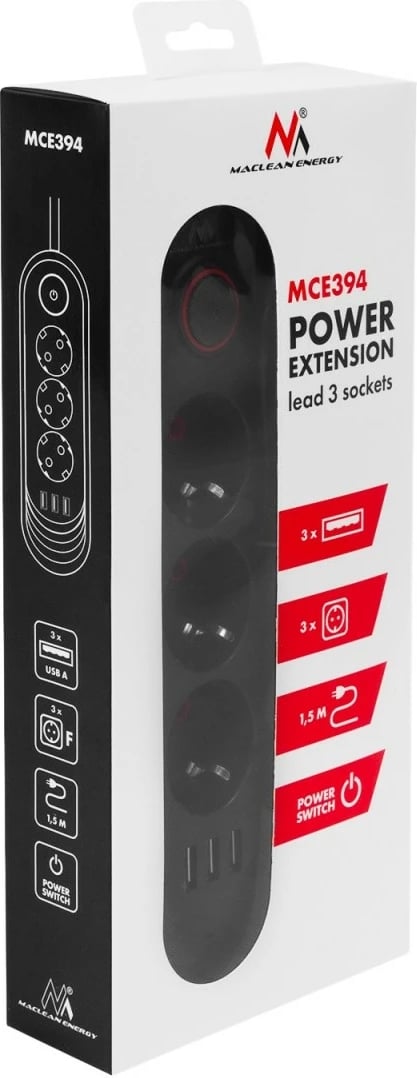 Zgjatues elektrik, Maclean MCE394 B, 3x Schuko + 3x USB, kabllo 1.5 m, 2500W 2.1A, 110-240V, i zi