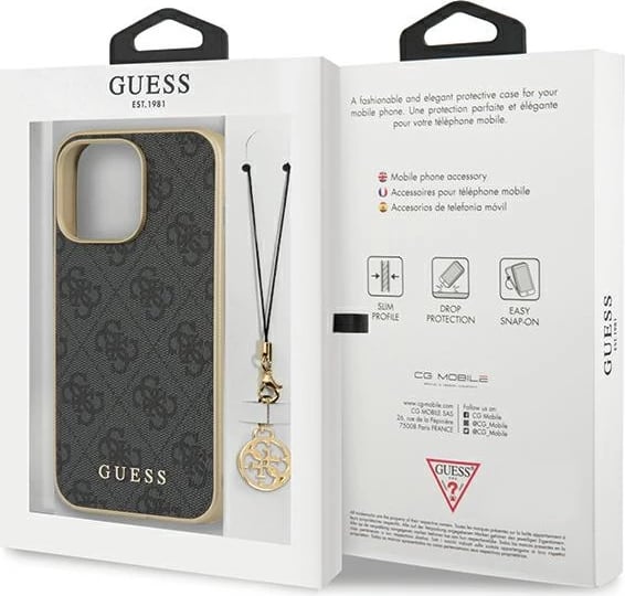 Mbështjellës Guess 4G Charms për iPhone 14 Pro Max, Gri me varëse