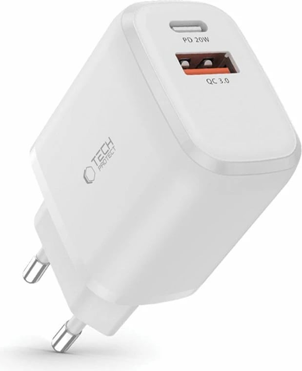 Karikues muri Tech-Protect C20W, 20W, 2 porta (USB-C PD, USB-A QC 3.0), i bardhë