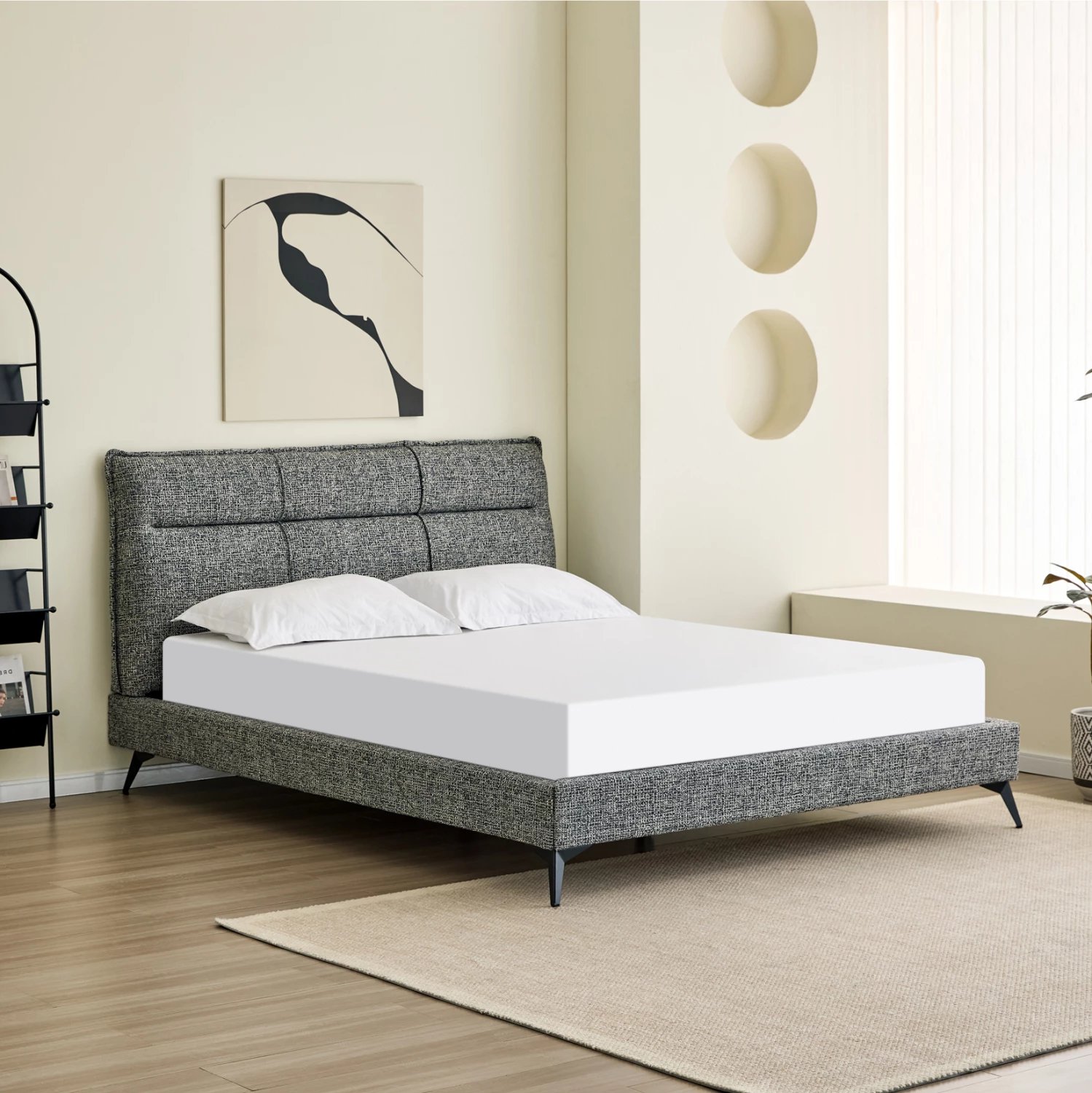 Krevat dopio LIGNUM, stof gri, këmbë metalike të zeza, për dyshek 160x200cm