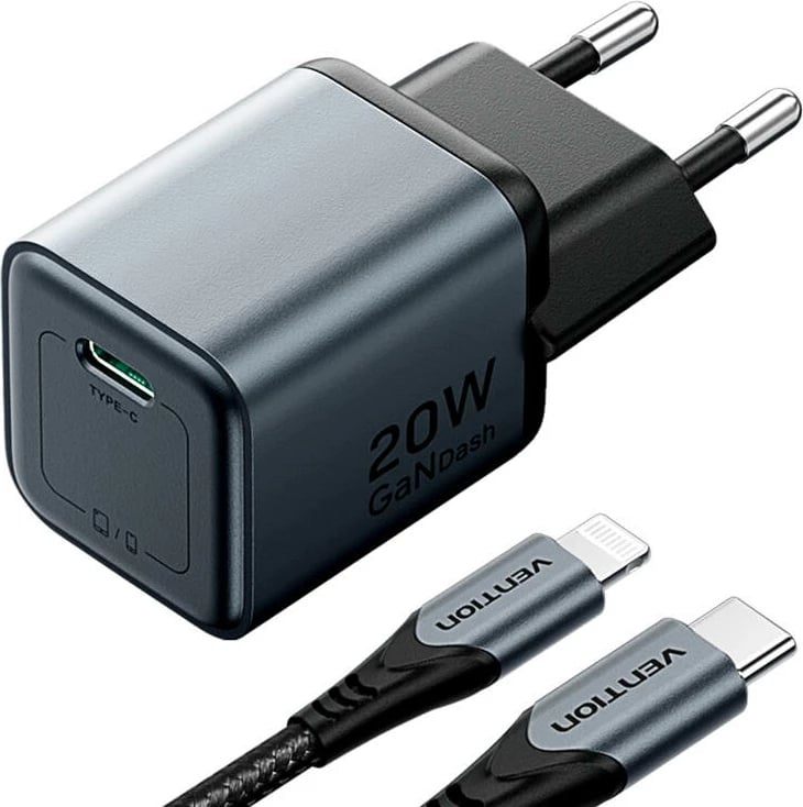 Karikues GaN Vention USB-C 20W me kabllo USB-C në Lightning 1m, Gri
