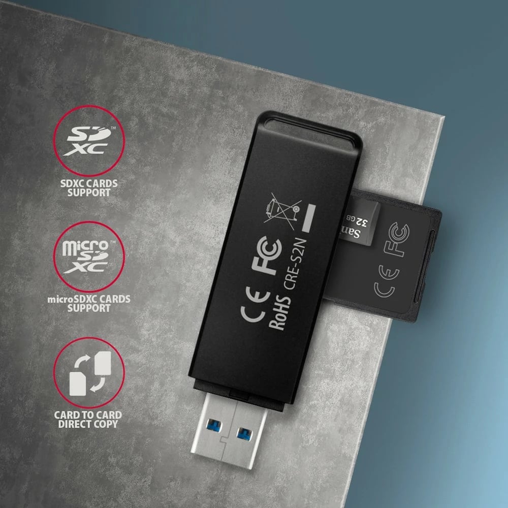 Lexues kartelash AXAGON CRE-S2N, USB 3.2 Gen 1, 2 slote SD/microSD, i zi