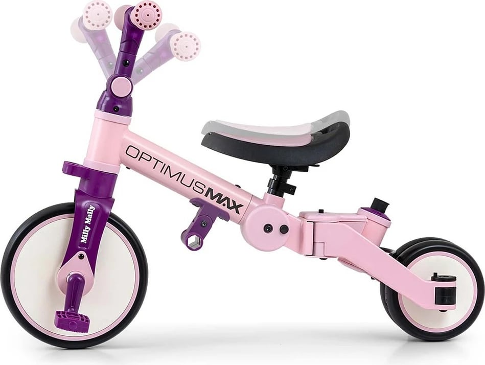 Tricikël 5‑në‑1 me dorezë prindërore, Milly Mally Optimus Max, rrota shkumë, kornizë çeliku, palosshëm, 12M+, ngarkesë 25 kg, rozë