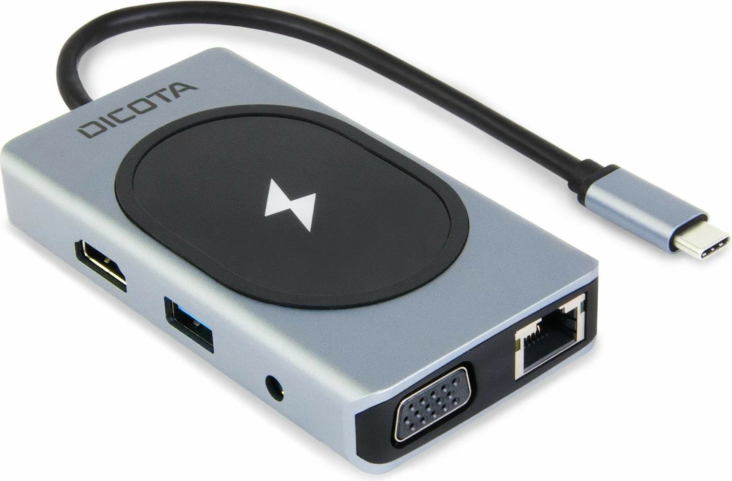 Docking station DICOTA D32059, USB-C, HDMI, RJ-45, USB 4 Type-A, VGA, SD/MicroSD, 100W, zi/argjendt