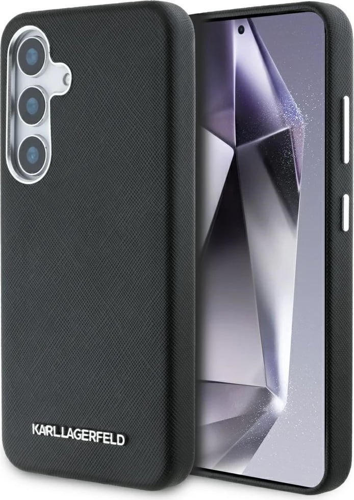 Mbështjellës Karl Lagerfeld Saffiano Full Wrapped Elongated Metal Logo MagSafe për Samsung Galaxy S25+, i zi