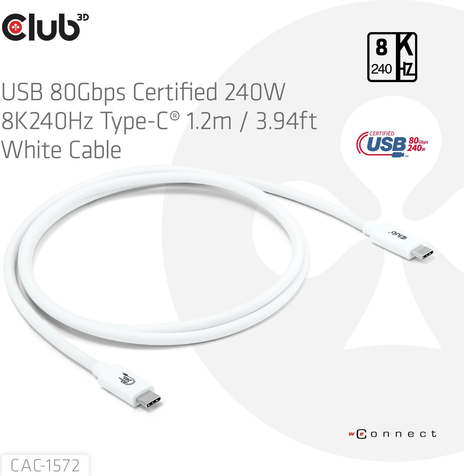 Kabllo USB Type-C Club3D 80Gbps, PD240W, 1.2m, e bardhë