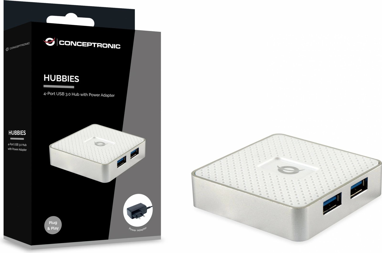 USB hub Conceptronic 4 porta USB 3.0, me adapter, i bardhë