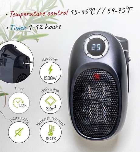 Ngrohës portativ, Adler, AD 7726 Thermofan Easy Heater, 1500W, timer 1-12h, kontroll temperature 15-35°C, element qeramik, i zi