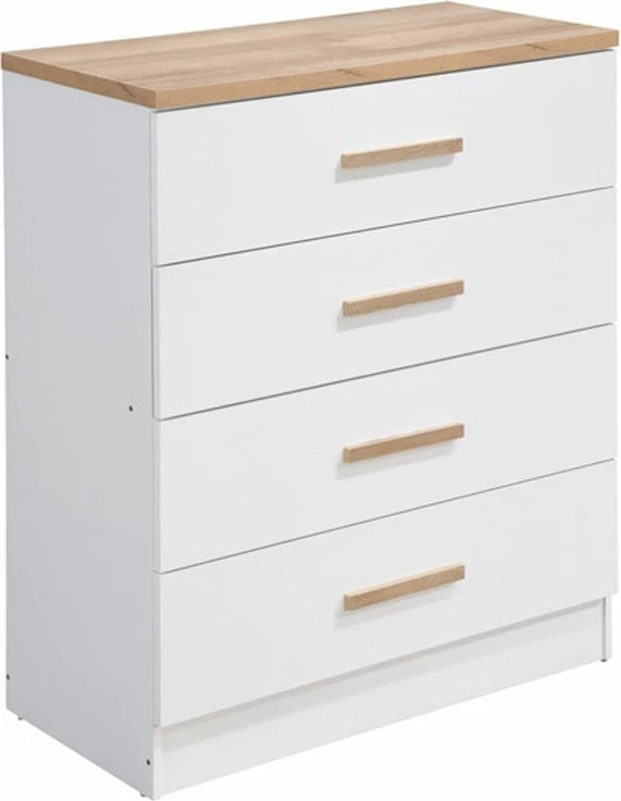 Komodë me 4 sirtarë, ngjyrë natyrale dhe e bardhë, 80x40x99