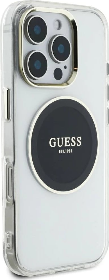 Mbështjellës Guess IML Metal Colored Circle Classic Logo MagSafe për iPhone 16 Pro Max, Zi