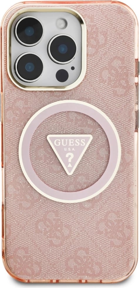 Mbështjellës Guess IML Metal Glitter 4G Circle Triangle MagSafe për iPhone 16 Pro Max, Rozë