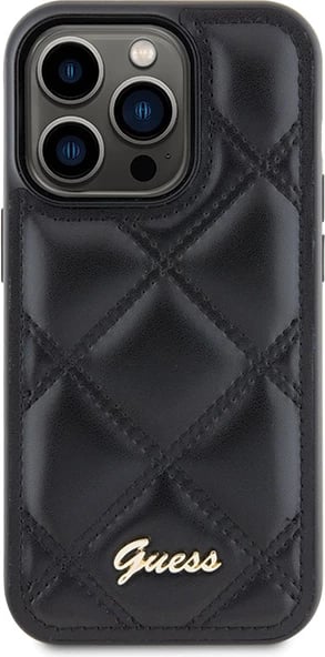 Mbështjellës Guess Quilted Metal Logo për iPhone 15 Pro Max, i zi