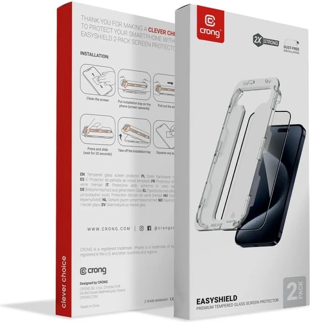 Xham i temperuar CRONG EasyShield për iPhone 16 Pro, 2 copë, kornizë e zezë