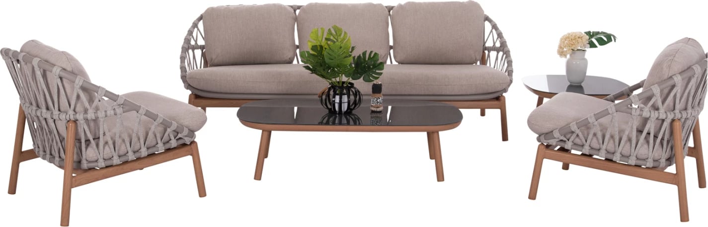 Set lounge për jashtë, 5 pjesë, KROM FH6360.02, alumin, litar, tavolinë me xham 3D