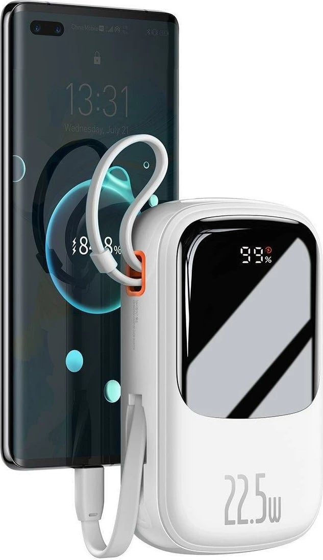 Powerbank Baseus Qpow, 20000mAh, 22.5W, me kabllo USB-C të integruar, Bardhë