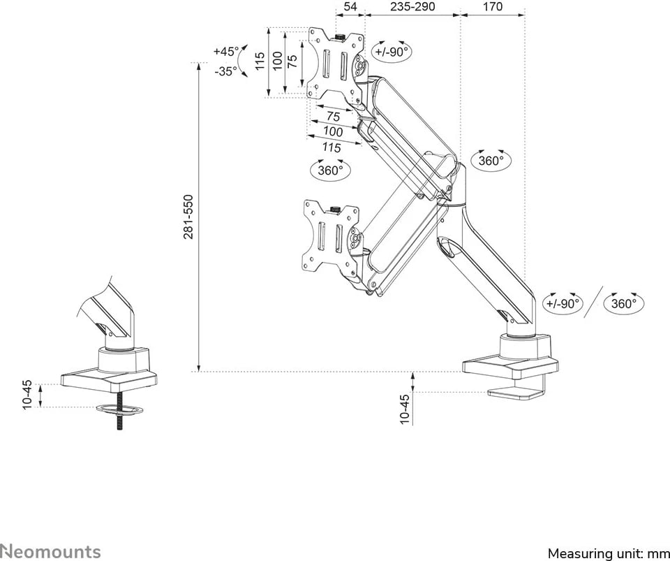 Krah monitori Neomounts DS70-450BL1, gas spring, 17-42 inç, 15 kg, e zezë Krah monitori Neomounts DS70-450BL1, gas spring, 17-42 inç, 15 kg, e zezë