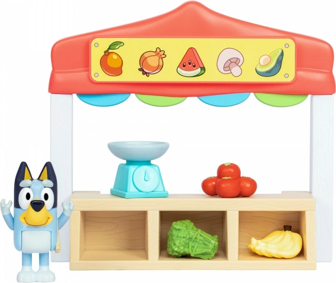 Set figurina Bluey Mini, Tm Toys BLU17555, me stendë tregu dhe aksesorë, shumëngjyrësh