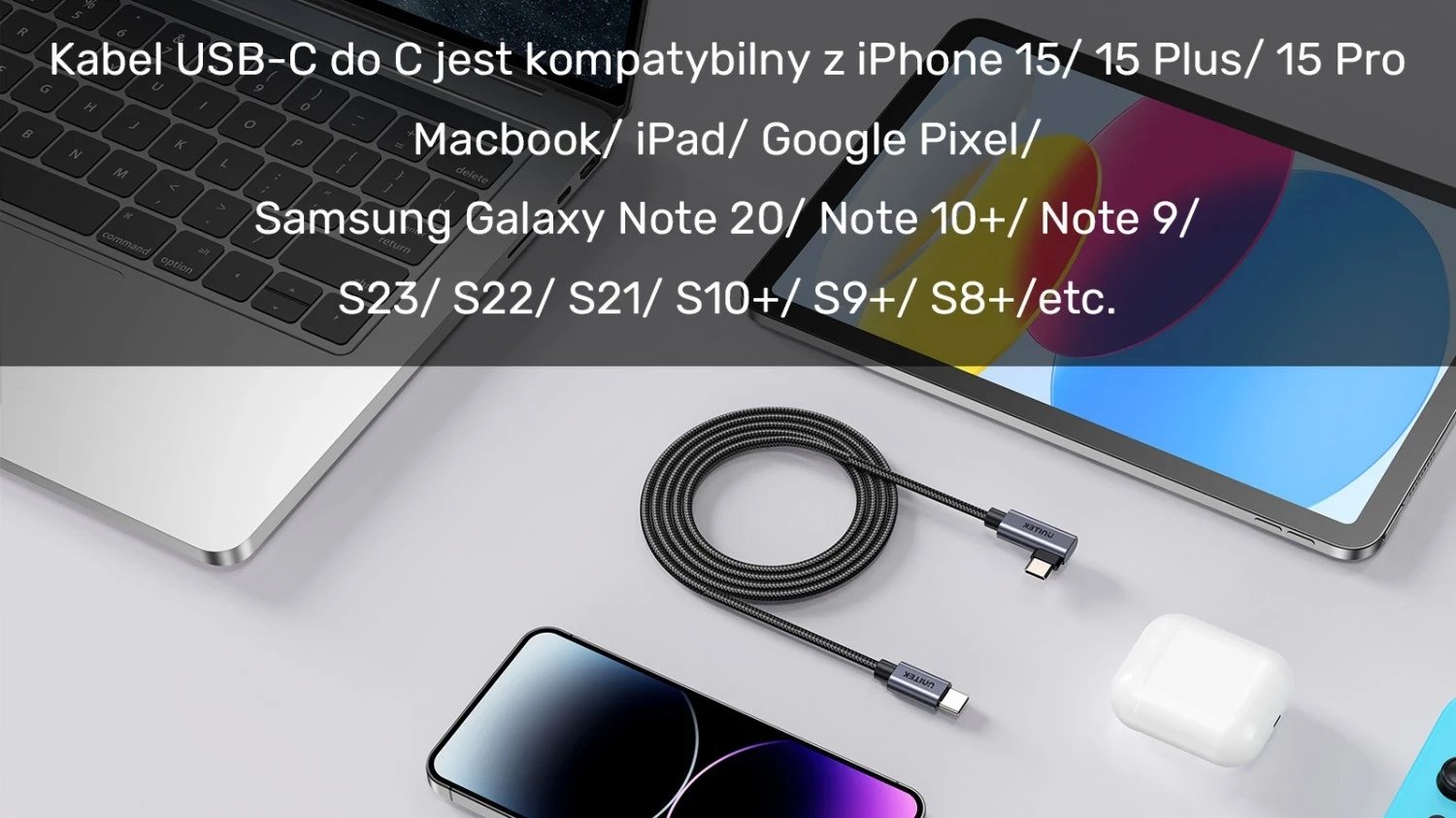 Kabëll USB-C Unitek, 90° PD100W, 1m, zi-gri Kabëll USB-C Unitek, 90° PD100W, 1m, zi-gri