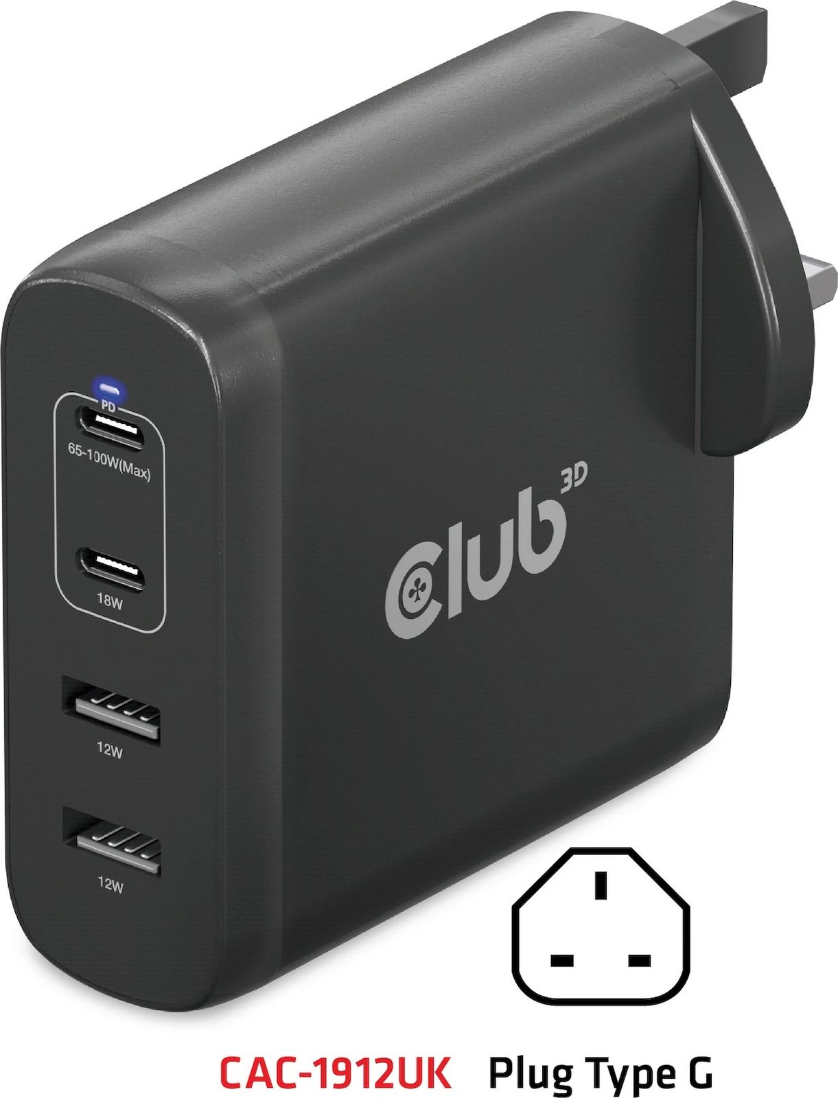 Karikues Club3D 2xUSB Type-C, 2xUSB Type-A, PD 100W, GaN, i zi