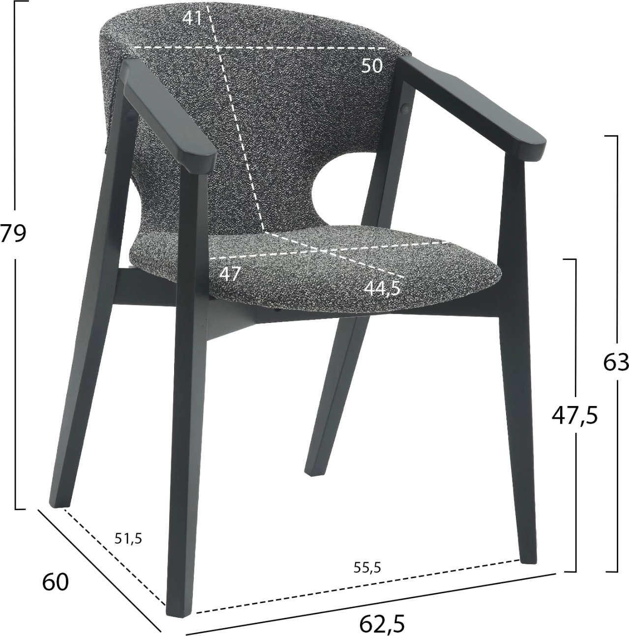 Karrige ngrënieje me krahë YEGER FH9995.01 dru ahu, ngjyrë e zezë-gri e errët, 62,5x60x79H cm., set prej 2 copë