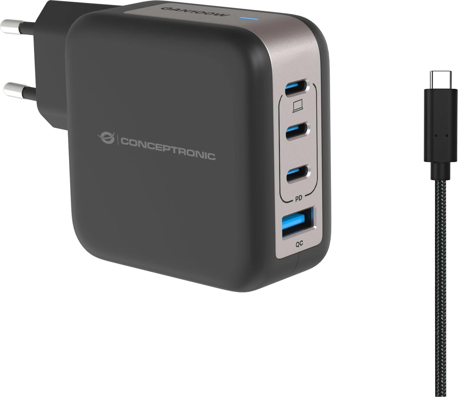 Karikues Conceptronic 4 porta GaN, 3x USB-C, 1x USB-A, 100W, i zi