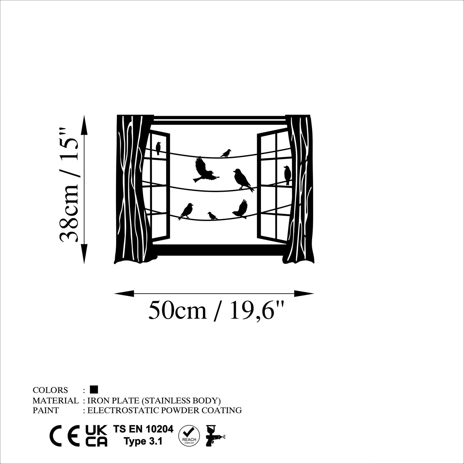 Aksesor metalik dekorativ për mur, zogj para dritares, Wallity, ngjyrë e zezë, 50x38cm