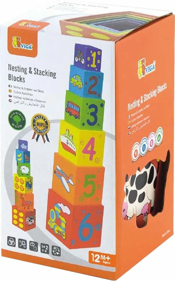 Kuba druri piramidë edukative, Viga, set 6 copë, për 12m+, 22×12×12 cm, multicolor