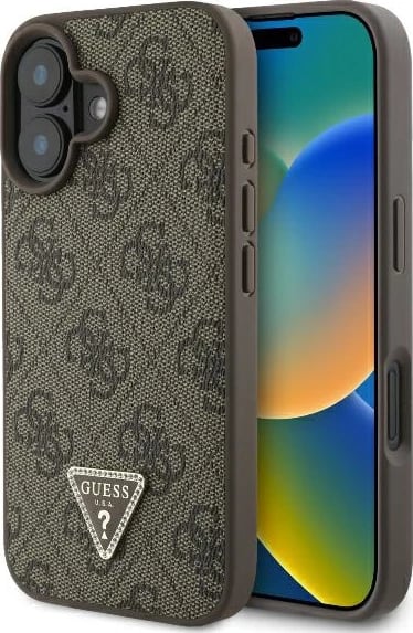Mbështjellës Guess 4G Triangle Strass për iPhone 16 Plus, MagSafe, Kafe