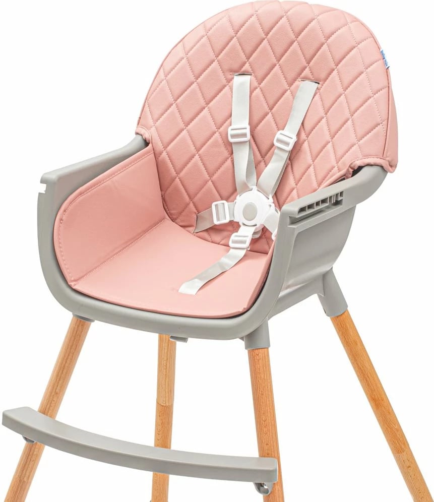 karrige ushqimi e lartë, Baby Mix, Freja, 2-në-1 e kthyeshme në karrige të ulët, tabaka dyshe e rregullueshme, këmbë druri, rrip 5-pikësh, rozë e zbehtë