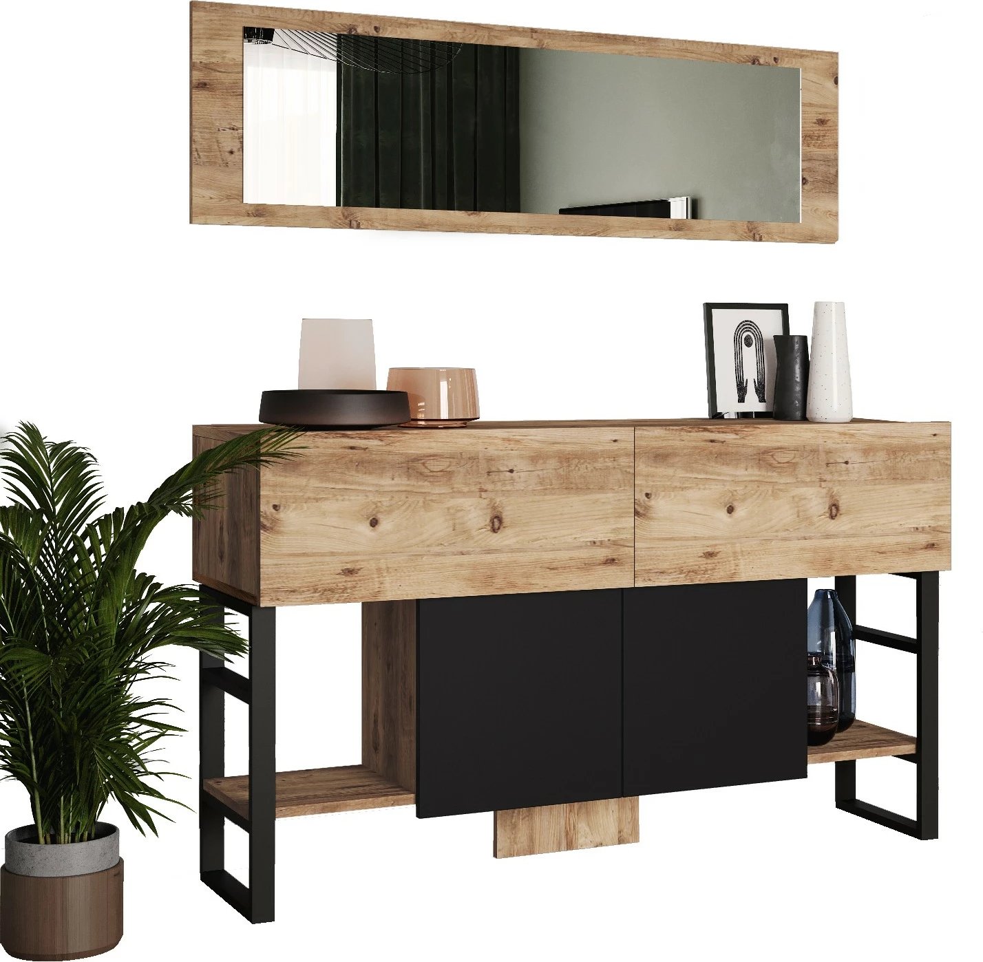 Konsol Hanah Home, ngjyrë Atlantic Pine, me pasqyrë, Ml26-A