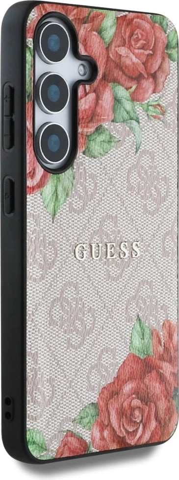 Mbështjellës Guess Leather 4G Flowers Print Metal Classic Logo MagSafe për Samsung Galaxy S25, Rozë