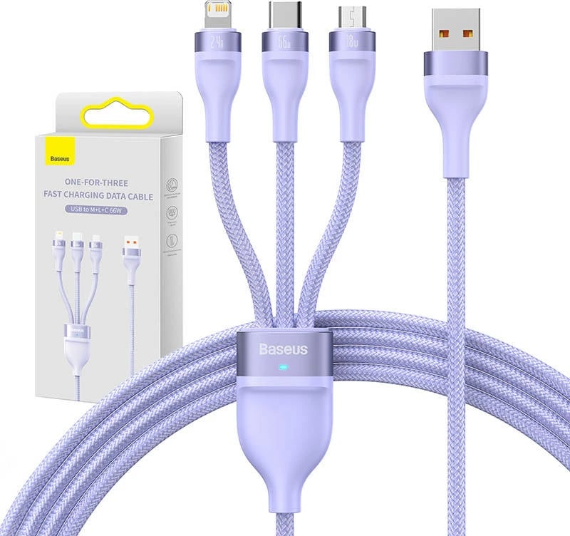 Kabllo 3-në-1 Baseus Flash II Series, USB-C + micro USB + Lightning, 66W, 1.2m, vjollcë Kabllo 3-në-1 Baseus Flash II Series, USB-C + micro USB + Lightning, 66W, 1.2m, vjollcë