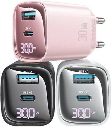 Karikues muri USAMS CC229, 30W, GaN, 1x USB + 1x USB-C, Ekran dixhital, i zi