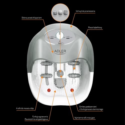 Masazhues këmbësh, Adler AD 2167, multifunksional me flluska, vibrim, infrared dhe ruajtje temperature uji, 80 W, i bardhë/gri