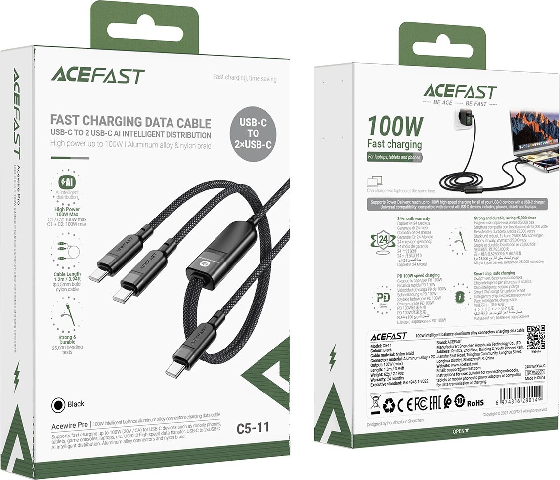 Kabllo Acefast C5-11 USB-C në USB-C 2në1, 1.2m, 100W, E zezë