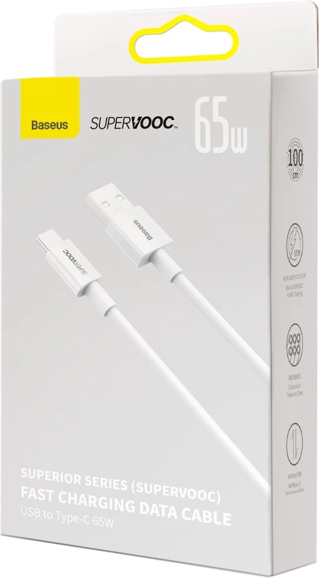 Kabllo Baseus Superior Series SUPERVOOC USB-A në USB-C 65W, 1m, Bardhë Kabllo Baseus Superior Series SUPERVOOC USB-A në USB-C 65W, 1m, Bardhë