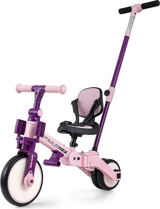 Tricikël 5‑në‑1 me dorezë prindërore, Milly Mally Optimus Max, rrota shkumë, kornizë çeliku, palosshëm, 12M+, ngarkesë 25 kg, rozë