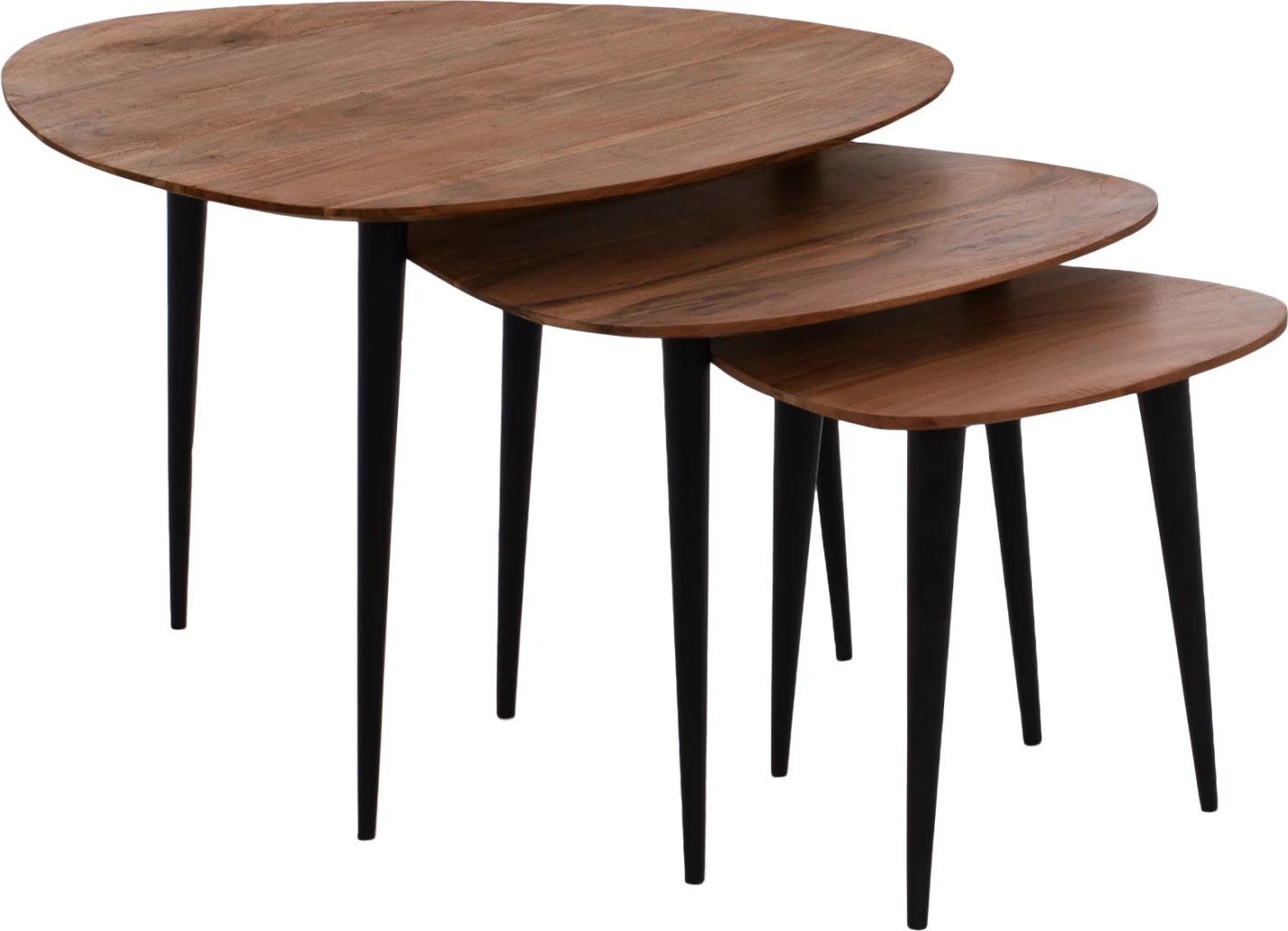 Set 3 tavolina zigon EMILIANO, dru akacie, këmbë metalike të zeza, FH9256, 69.5x67x46cm