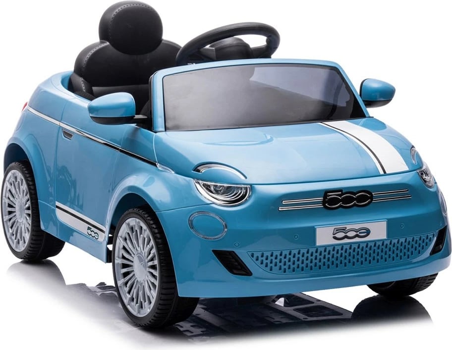 makinë elektrike për fëmijë, Milly Mally, Fiat 500e, 12V dy motorë 390, 3 shpejtësi 3–6 km/h, telekomandë prindërore, USB Bluetooth LED, blu