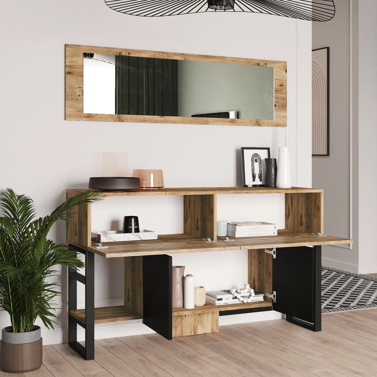 Konsol Hanah Home, ngjyrë Atlantic Pine, me pasqyrë, Ml26-A