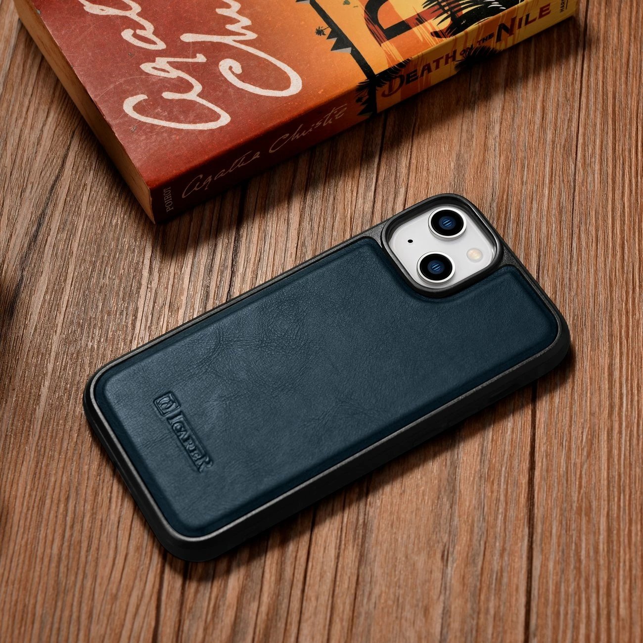 Mbështjellës iCarer për iPhone 14 Plus, lëkurë natyrale, Blu