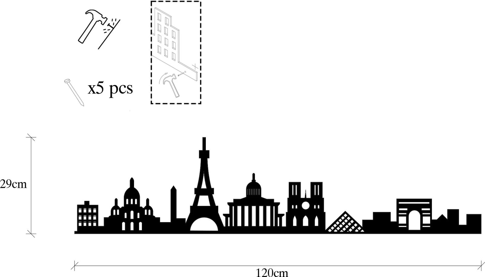 Aksesor dekorativ muri prej metali, Paris Skyline, ngjyrë e zezë, 120x29cm