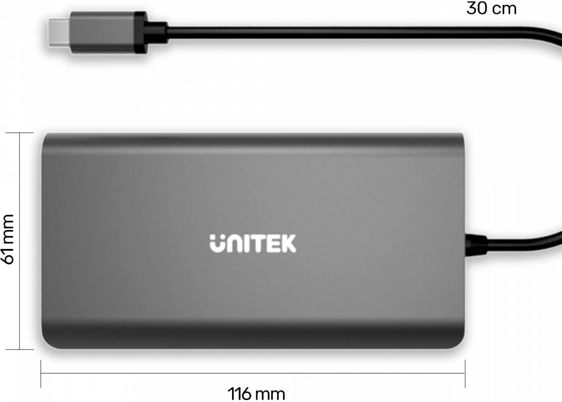HUB USB-C 8-në-1 Unitek D1019B, HDMI, VGA, RJ45, SD, PD 100W, Gri