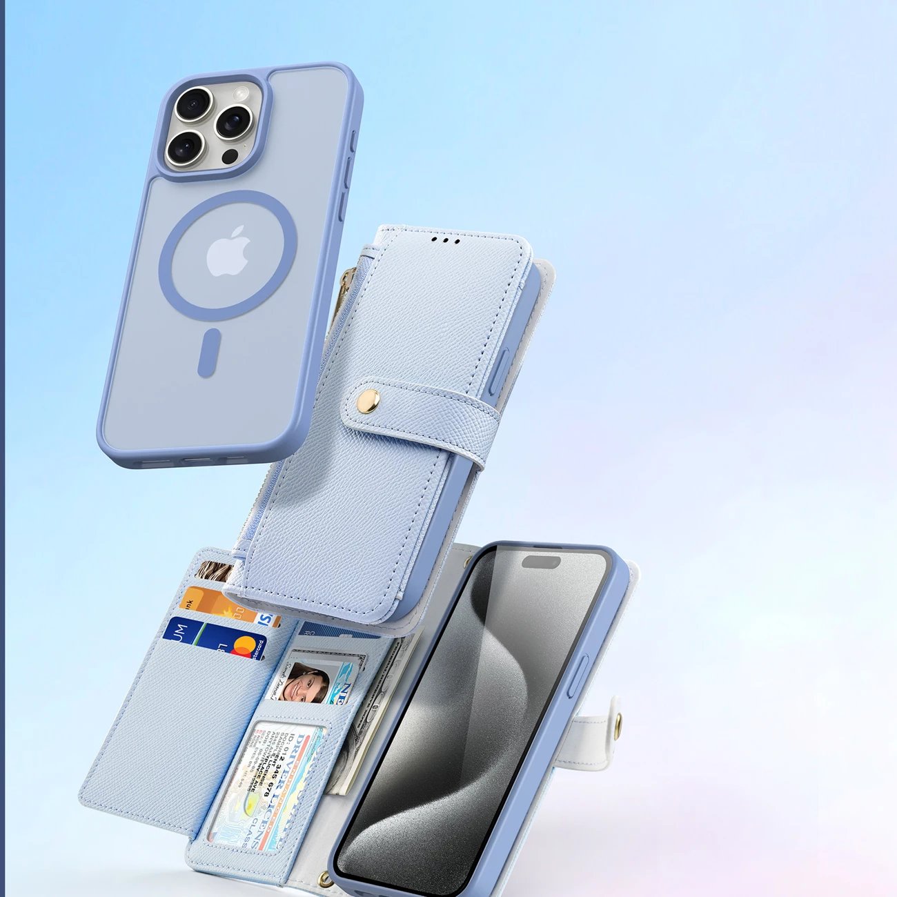 Mbështjellës Dux Ducis Lawa për iPhone 15, lëkurë, me portofol magnetik, kaltër