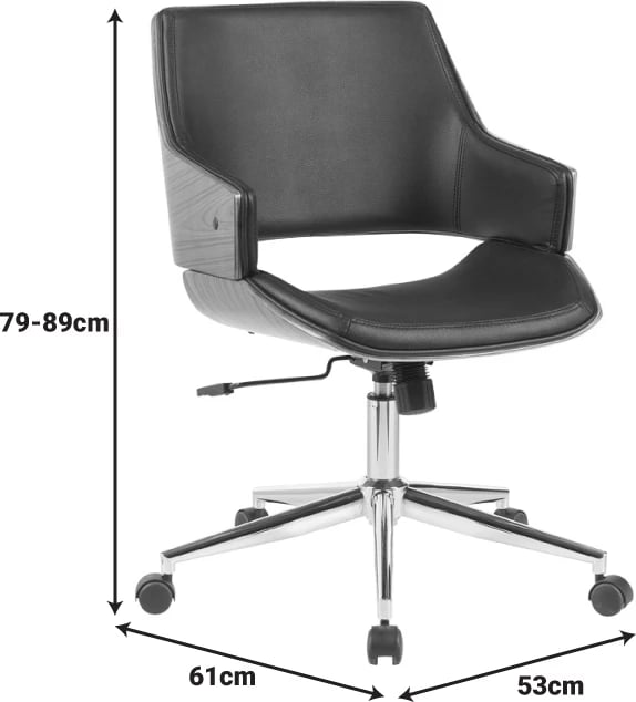 Karrige zyre Setulo, lëkurë PU e zezë, bazë kromi, 53x61x79-89cm