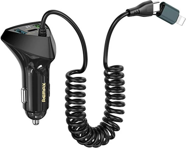 Karikues veture Remax RCC328 me kabllo të integruar, 22.5W, 3 porta USB, i zi