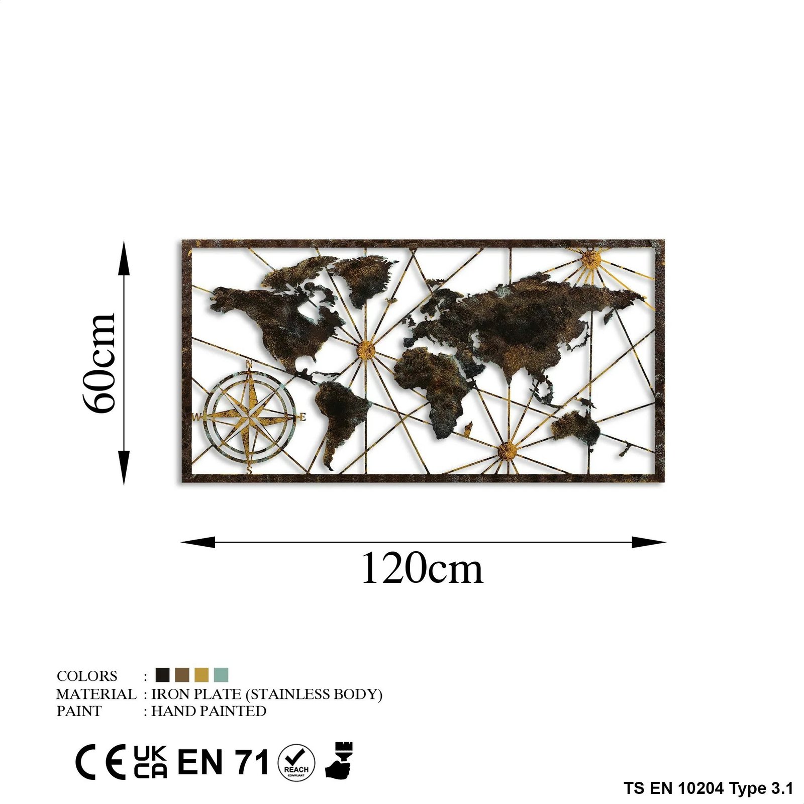 Aksesor dekorativ metalik për mur, hartë bote, madhësi e madhe, Wallity