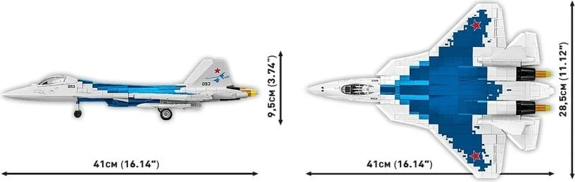 Set blloqe ndërtimi, Cobi, COBI-5909 SU-57 Felon 1:48, 928 copa, me figurë piloti dhe bazë ekspozimi, plastikë, kamuflazh blu-bardhë