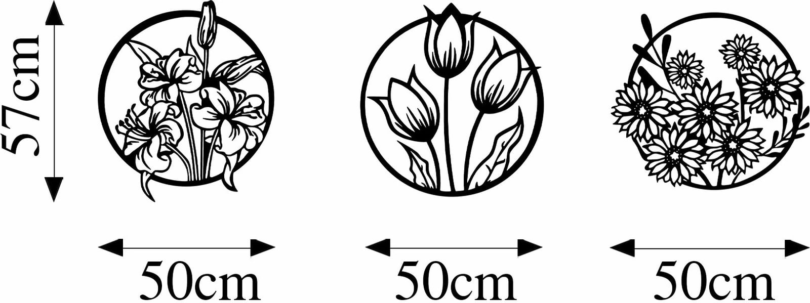 Aksesor dekorativ metalik për mur, lule, 273 M, set prej 3 copash, ngjyrë e zezë, 50x57cm
